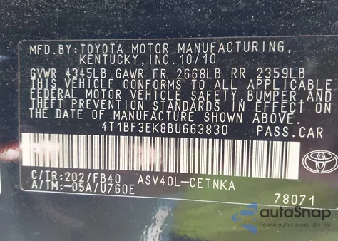 2011 Toyota Camry из США, поврежденный, VIN 4T1BF3EK8BU663830